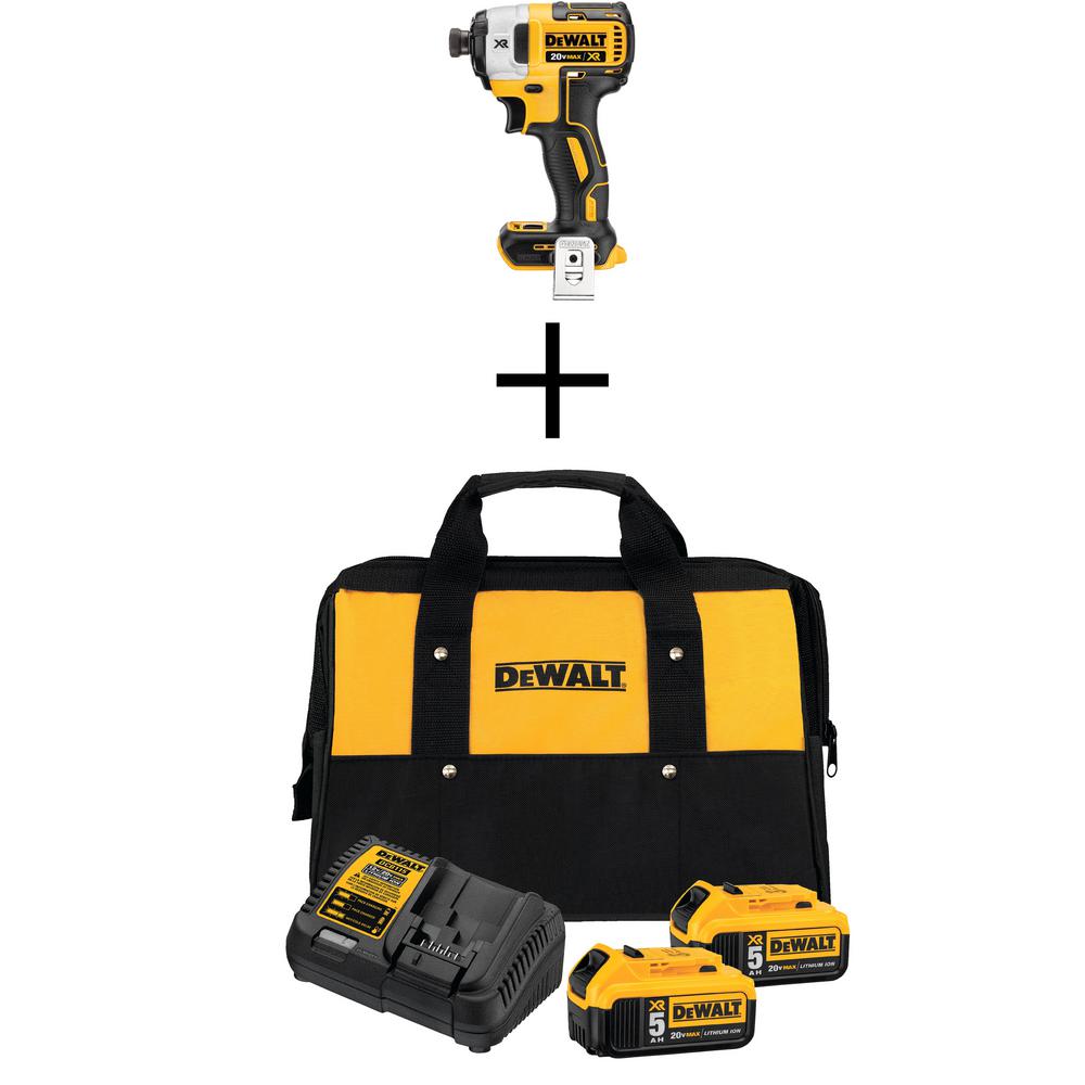DEWALT 20-Volt Li-Ion Cordless Brushless 3-Speed 1/4 in. Impact Driver (Tool-Only) w/ 20-V Battery 5.0 Ah (2-Pk), Charger & Bag