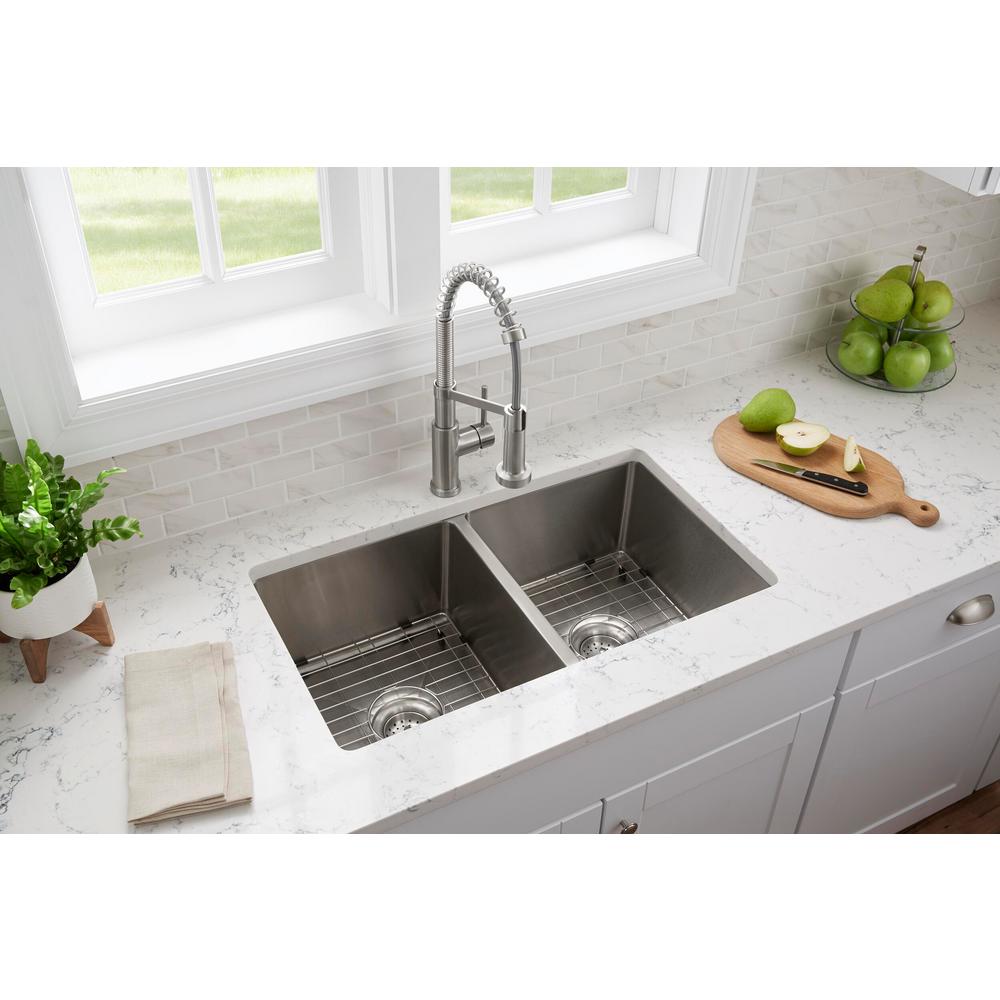 Tight Radius Stainless Steel 33 in. 18-Gauge Double Bowl Dual Mount Tight Radius Kitchen Sink with Grids and Strainers