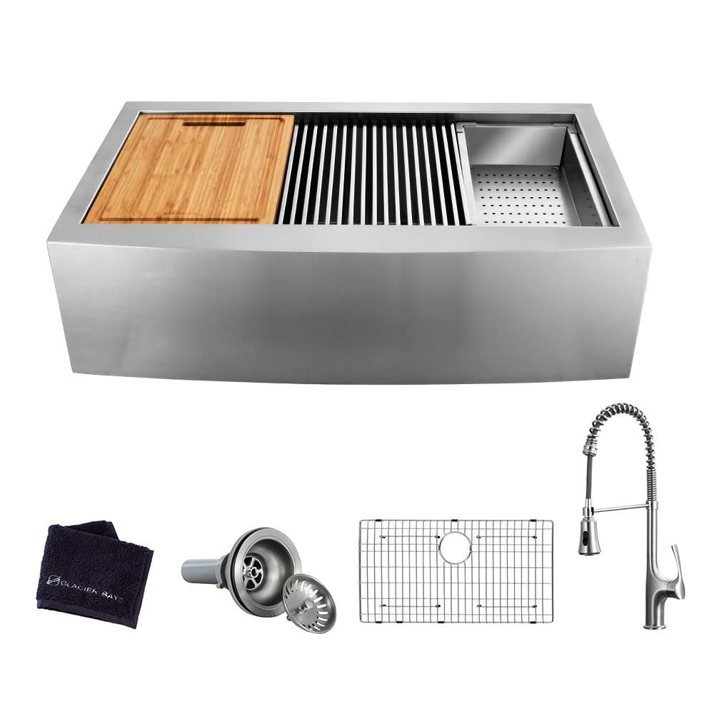 All-in-One Apron-Front Farmhouse Stainless Steel 33 in. Single Bowl Workstation Sink with Faucet and Accessories