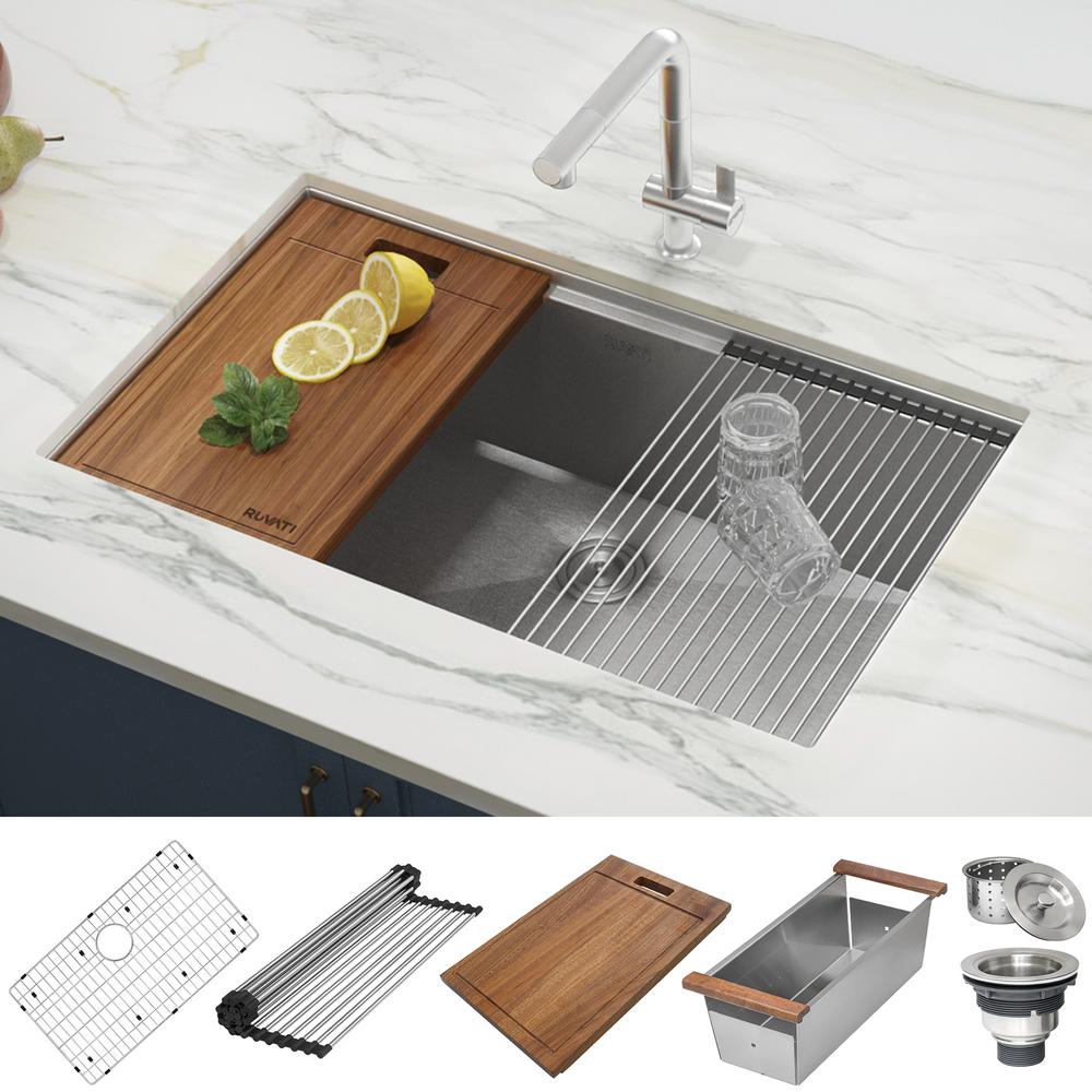 32 in. Single Bowl Workstation Tight Radius Undermount 16-Gauge Stainless Steel Kitchen Sink with Sliding Accessories