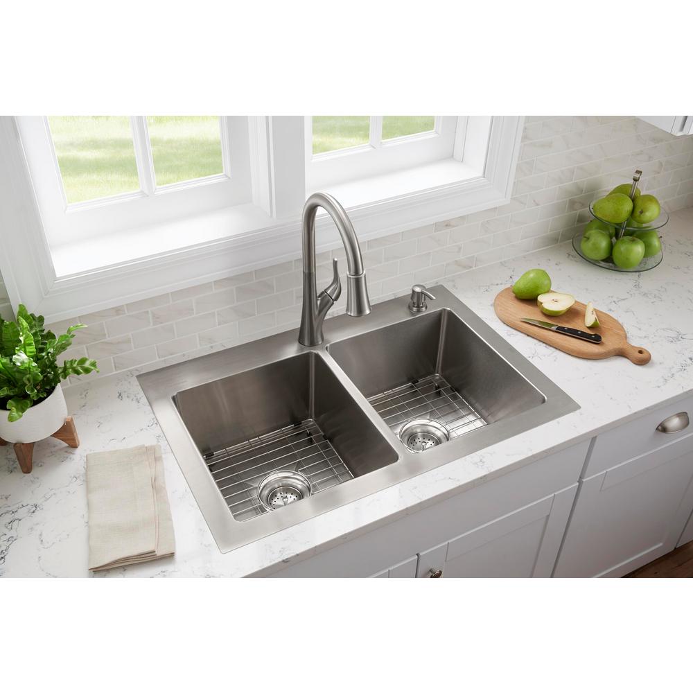 All-in-One Tight Radius Stainless Steel 33 in. 18-Gauge 2-Hole Double Bowl Dual Mount Kitchen Sink with Pull Down Faucet