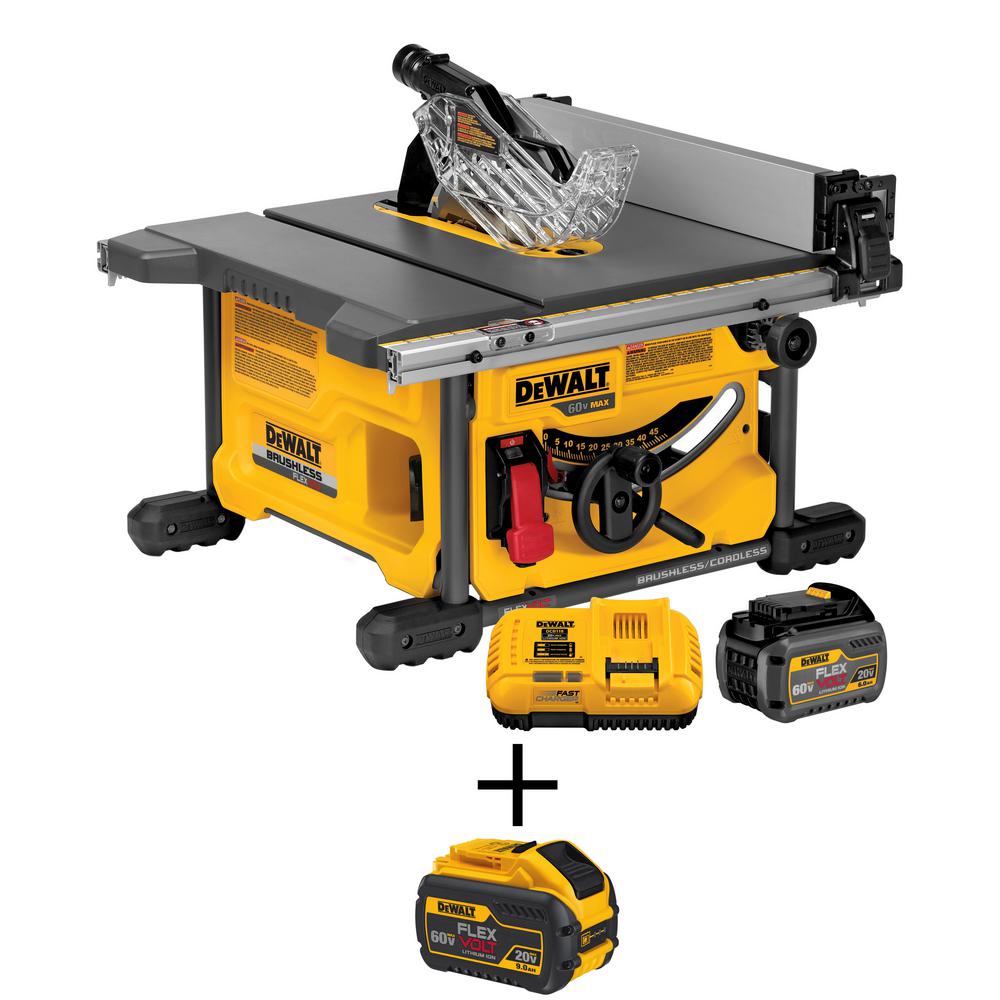 FLEXVOLT 60-Volt MAX Lithium-Ion Cordless Brushless 8-1/4 in. Table Saw Kit with Battery 2Ah, Charger and Bonus Battery