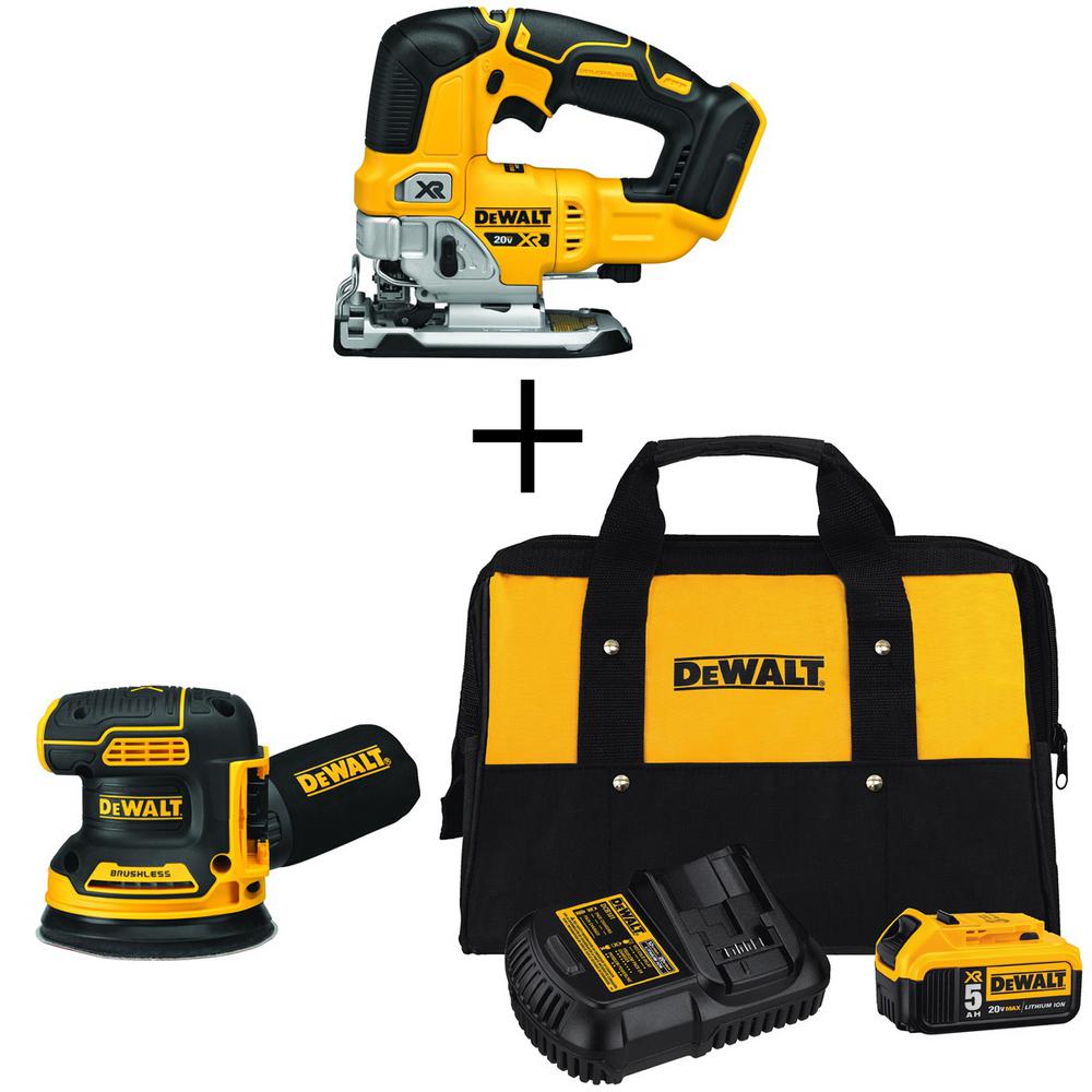 20-Volt MAX Li-Ion Cordless Brushless Jigsaw (Tool-Only) with 5 in. Sander (Tool-Only), Battery 5 Ah, Charger and Bag