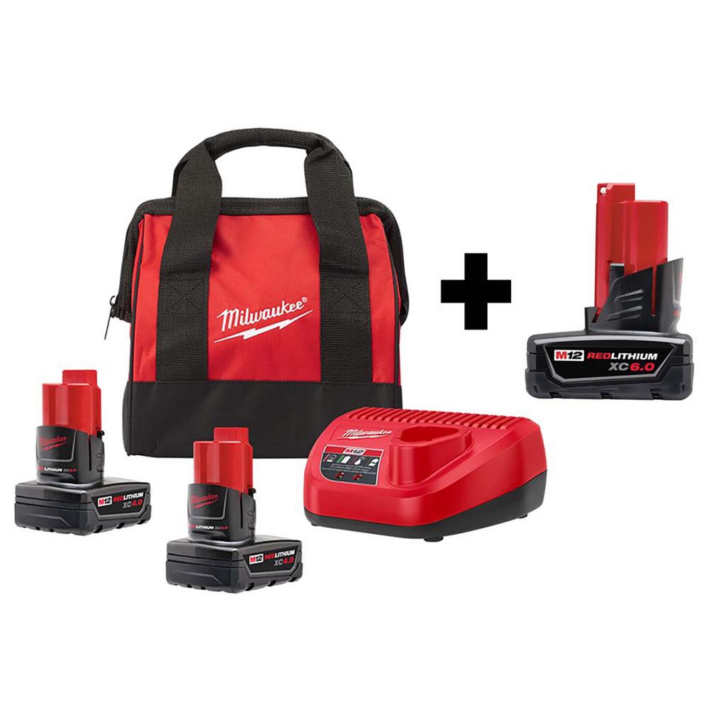 M12 12-Volt Lithium-Ion XC Extended Capacity 6.0Ah Battery Pack W/ Two 4.0 Ah Batteries, Charger & Tool Bag