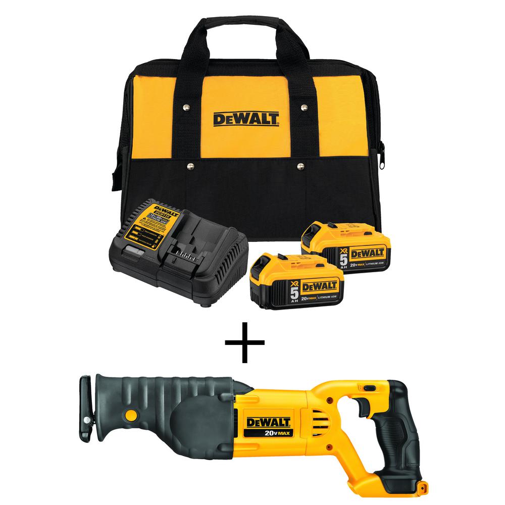 20-Volt MAX Lithium-Ion Cordless Reciprocating Saw with Premium Battery Pack 5.0 Ah (2-Pack), Charger and Kit Bag