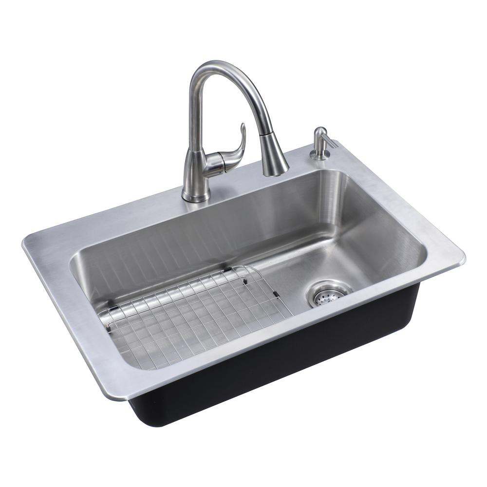 All-in-One Dual Mount Stainless Steel 33 in. 2-Hole Single Bowl Kitchen Sink in Brushed with Faucet