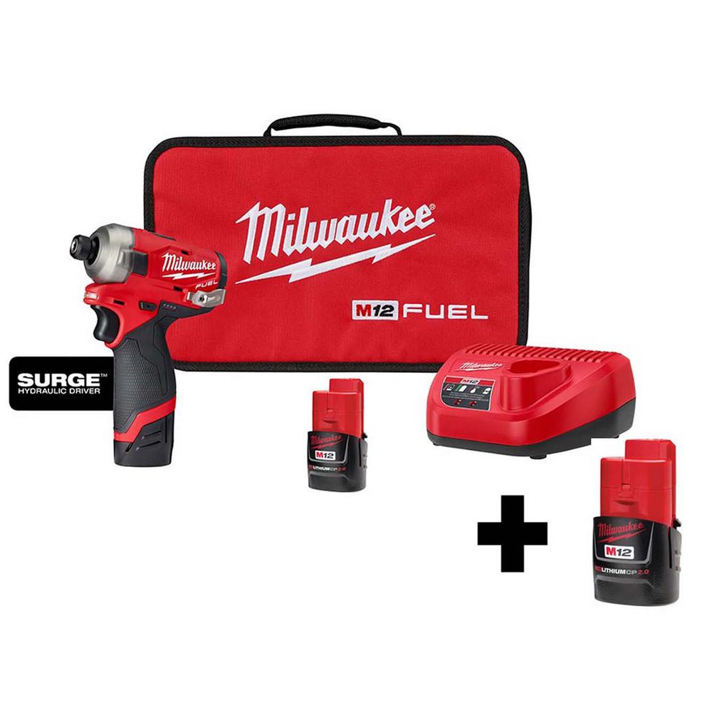 M12 Fuel Surge 12-Volt Lithium-Ion Brushless Cordless 1/4 in. Hex Impact Driver Compact Kit with Free M12 2.0 Ah Battery