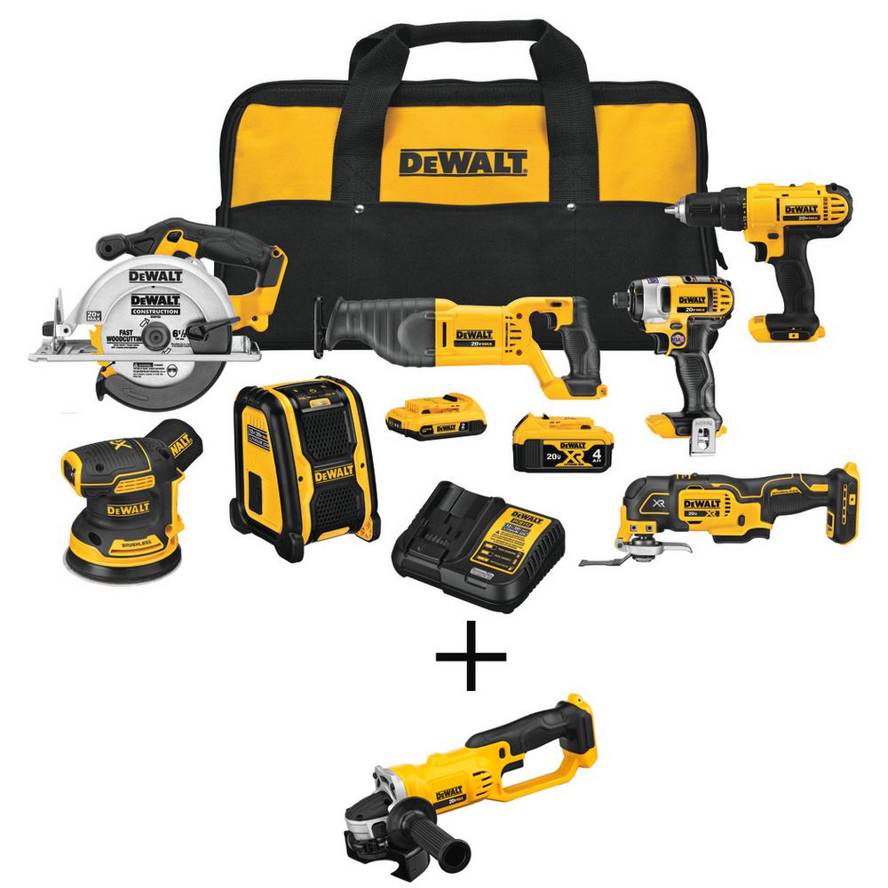 20-Volt MAX Li-Ion Cordless Combo Kit (7-Tool) with 20-Volt MAX Li-Ion Cordless 4-1/2 in. to 5 in. Grinder (Tool Only)