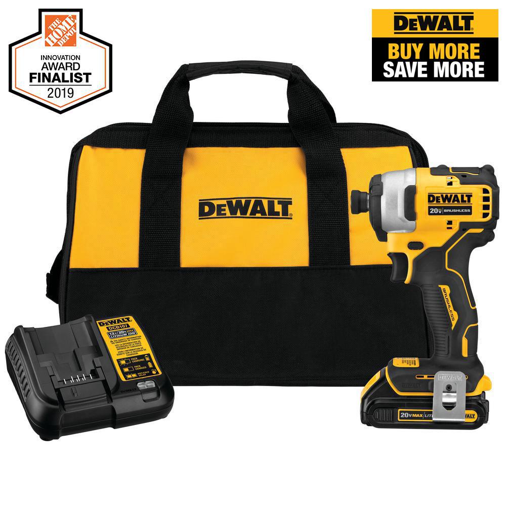 ATOMIC 20-Volt MAX Lithium-Ion Brushless Cordless Compact 1/4 in. Impact Driver w/ (1) Battery 1.3Ah, Charger & Tool Bag