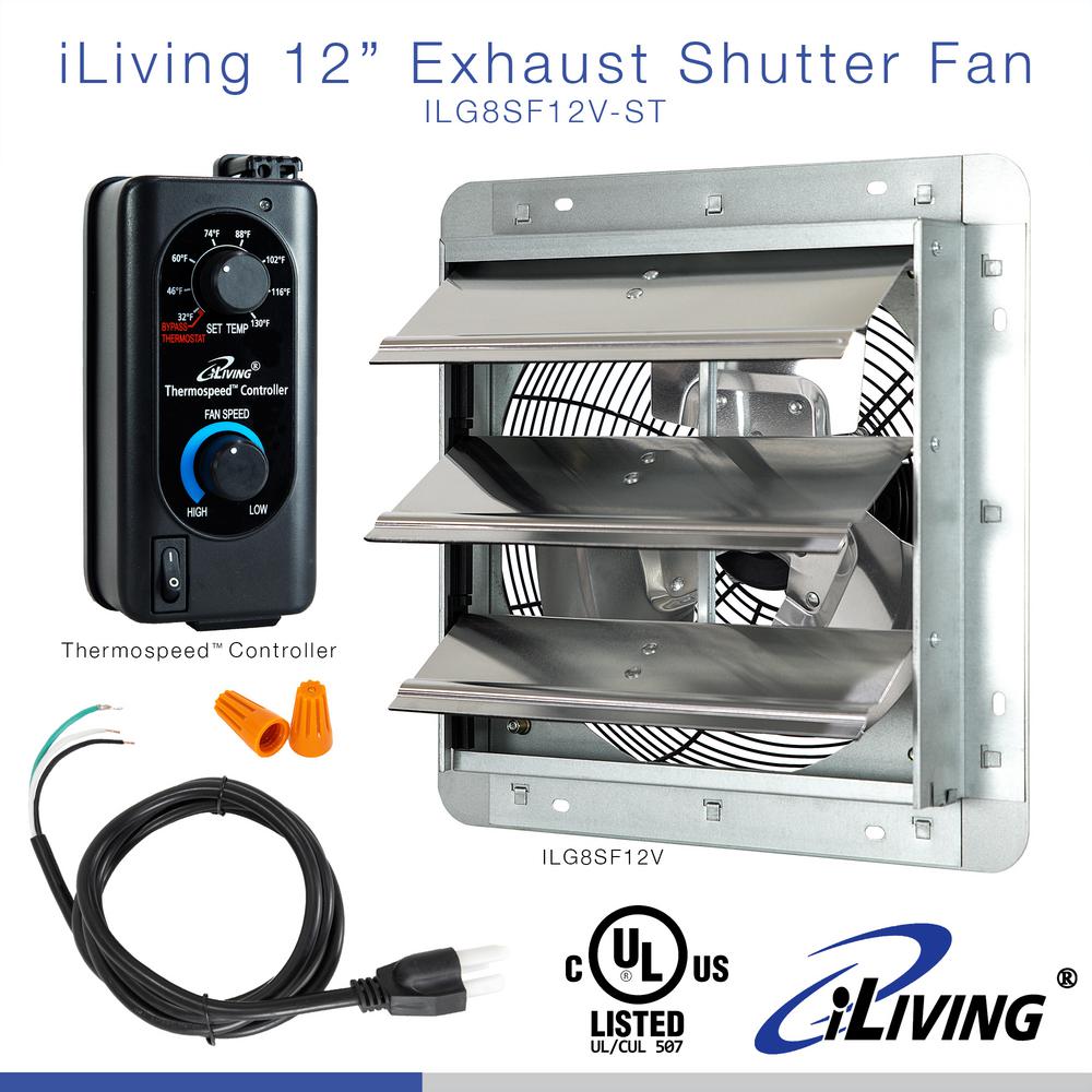 12 in. Shutter Exhaust Fan with Thermospeed Controller, 65-Watt, 960 CFM