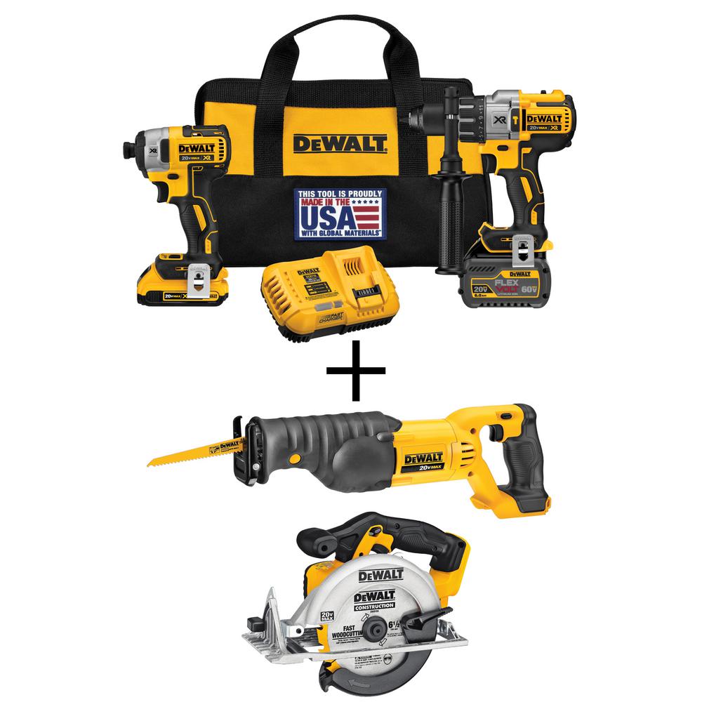 20-Volt MAX Lithium-Ion Cordless Brushless Combo Kit (2-Tool) w/FLEXVOLT and 20V Batteries, Bonus Circ Saw and Recip Saw
