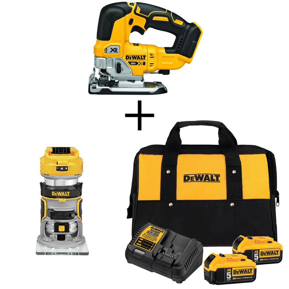20-Volt MAX Li-Ion Cordless Brushless Jigsaw (Tool-Only) with Router (Tool-Only), 2 Battery 5 Ah, Charger and Bag