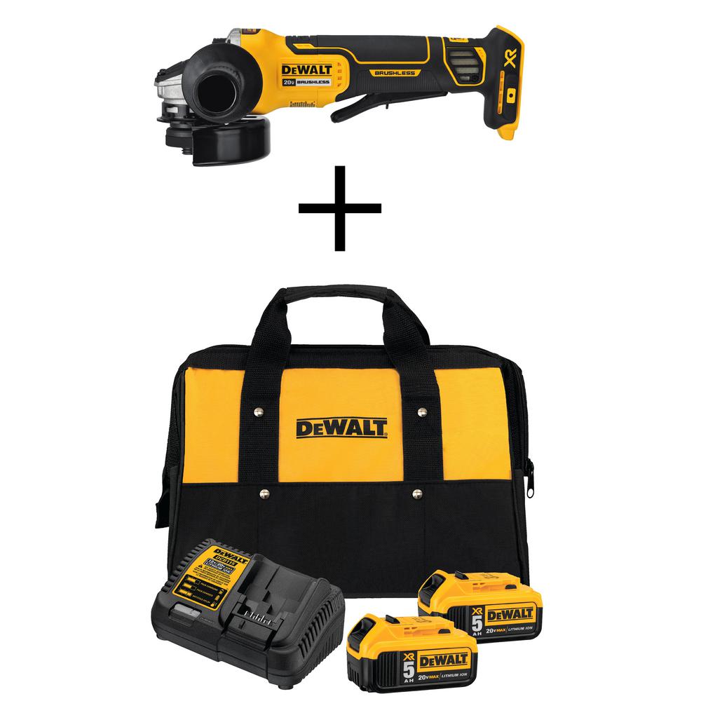 DEWALT 20-Volt Li-Ion Cordless Brushless 4-1/2 in. Small Angle Grinder(Tool-Only) with 20-V Battery 5Ah (2-Pack), Charger & Bag