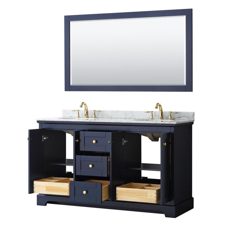 Wyndham Collection Avery 60-in Dark Blue Double Sink Bathroom Vanity with White Carrara Marble Natural Marble Top (Mirror Included)