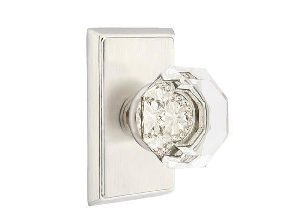Emtek 8121OTUS15 Old Town Glass Knob 2-3/8" Backset Passage with Rectangular Rose for 1-1/4" to 2" Door Satin Nickel Finish