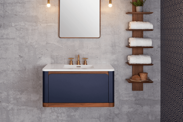 Wet Style EBHS72WM-L28W37 Bauhaus Vanity 72 Wall Mount, Lacquer Stone Harbour Grey Facade And Sides, Oak Coffee Bean Trim And Dovetail Maple Int. Drawer