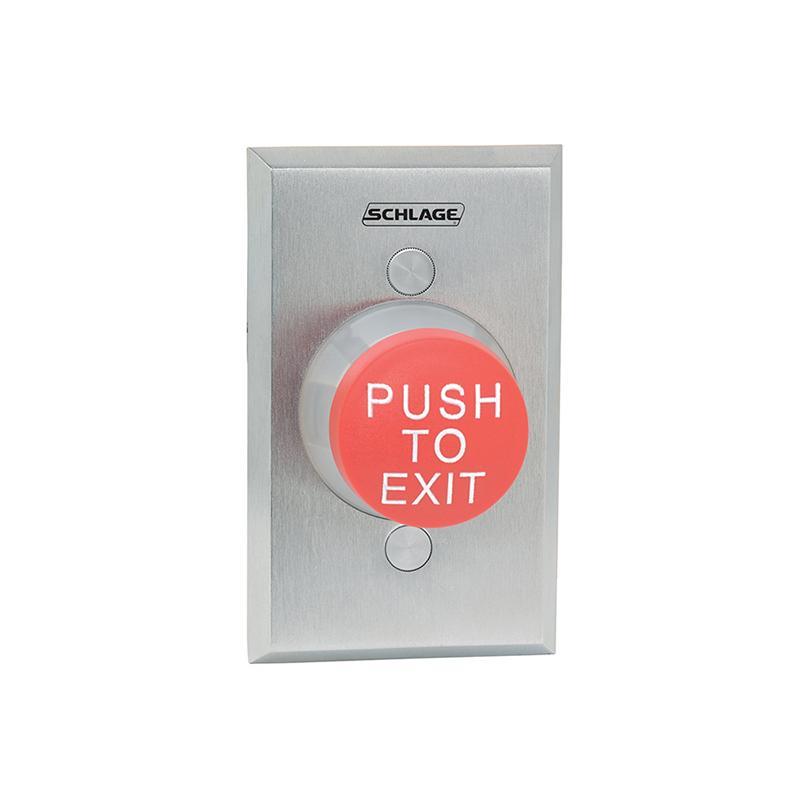 Schlage Electronics 623RD EX DA 1 5/8‟ Mushroom Button, Single Gang, Red, ‟PUSH TO EXIT‟, Delayed Action