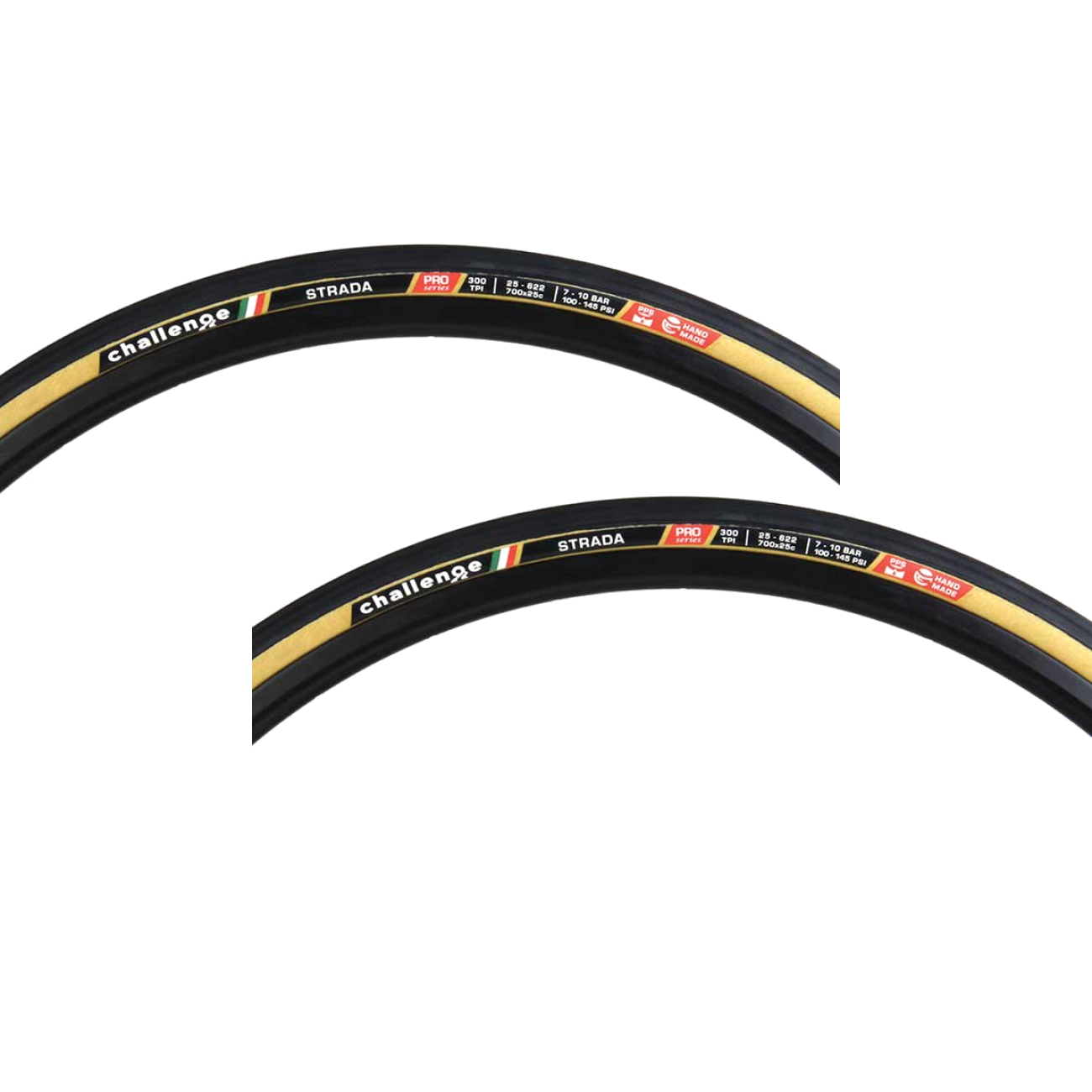 Pack of 2 Challenge Strada Pro Tire Clincher Black/Tan 300TPI Handmade 700x25 508