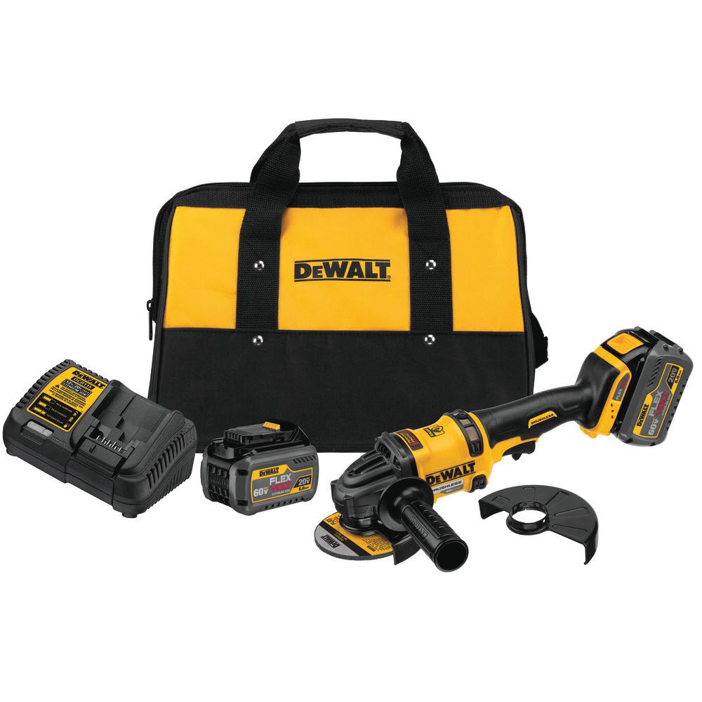 FLEXVOLT 60-Volt MAX Lithium-Ion Cordless Brushless 4-1/2 in. Angle Grinder with (2) Batteries 2Ah, Charger and Bag