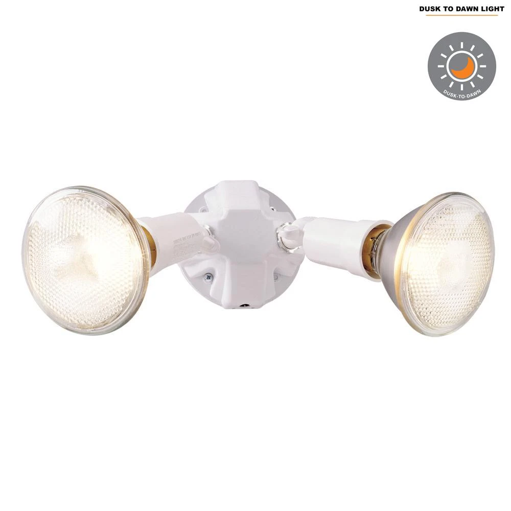Outdoor Twin Flood Light With Light Sensor, White Plastic Housing, 150 Watt