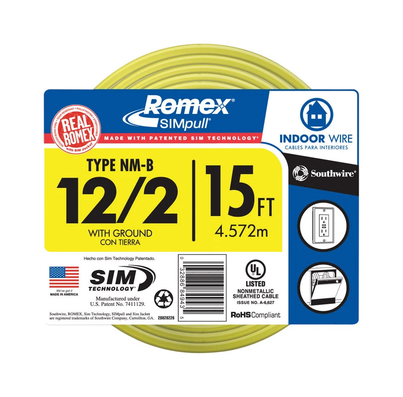 Non-metallic Romex Sheathed Electrical Cable With Ground 12 Gauge 2 Conductors 15 Feet