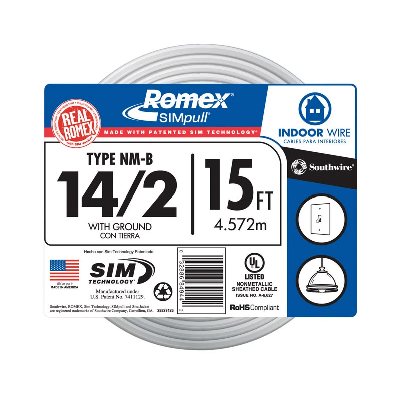 Non-metallic Romex Sheathed Electrical Cable With Ground 14 Gauge 2 Conductor 15 Feet