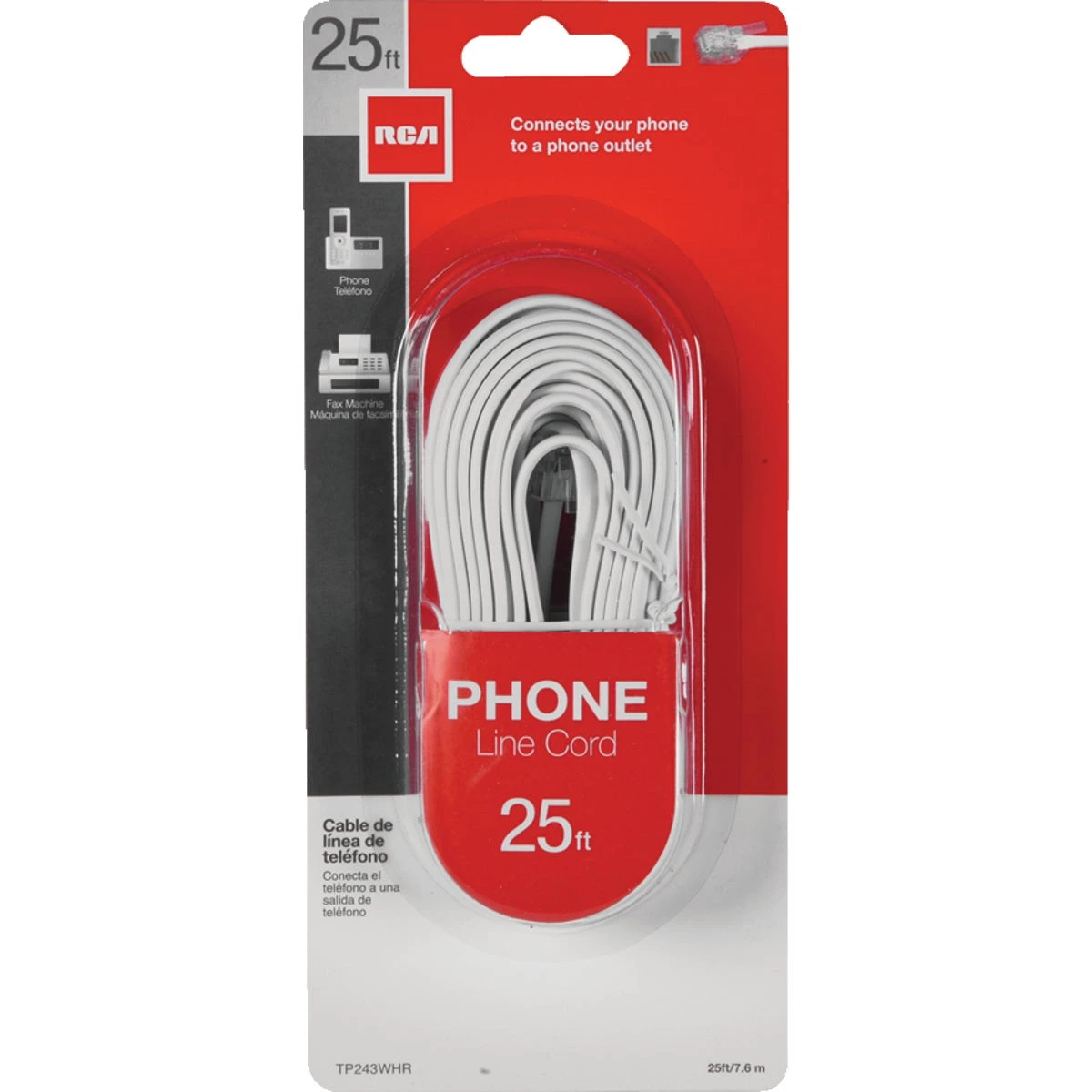 White Phone Line Cord, 25 Feet Length
