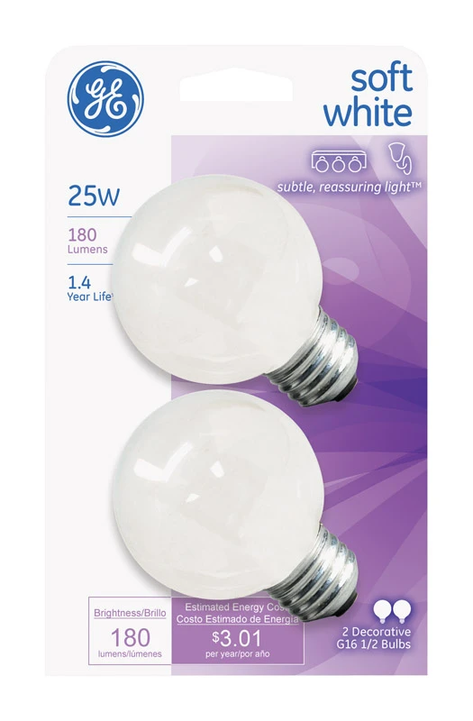 White Incandescent Globe Lamps, 25 Watt, 2-pk.