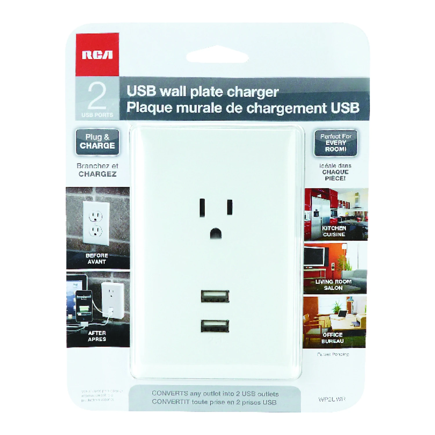 Wall Plate, 2 Usbs + Standard Outlet, Plug-in, White
