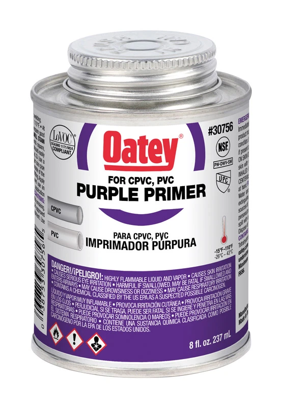 Purple Pipe Primer, 8 Ounce Bottle For Pvc And Cpvc Pipe Preparation