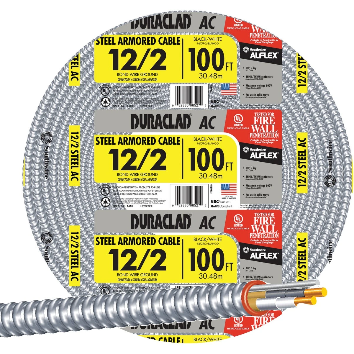 Armored Cable With Steel Jacket, 12 Gauge 2 Conductor, 100 Feet Length