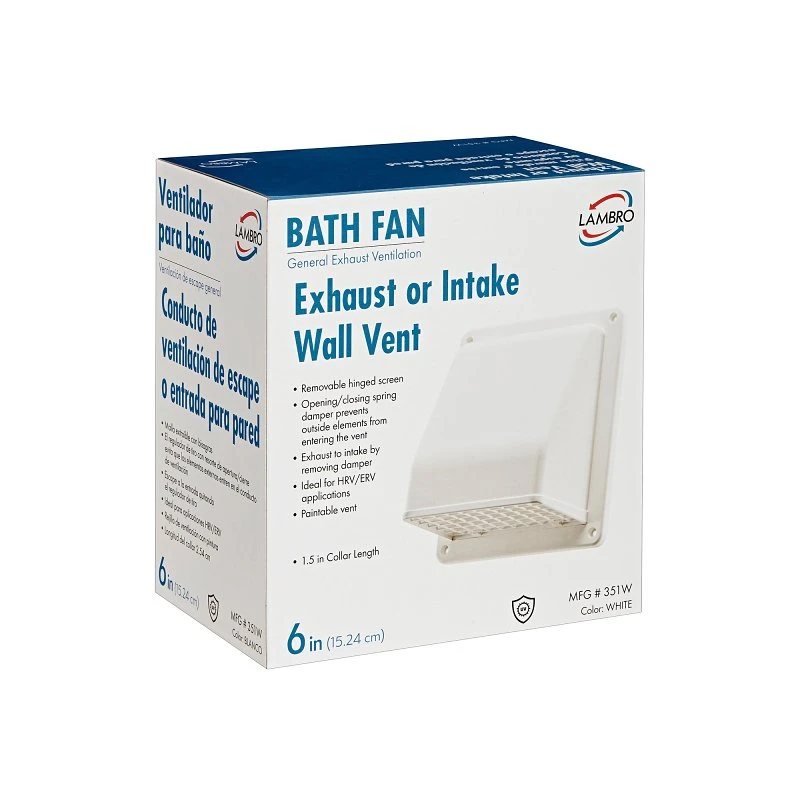 6 Inch Exhaust Wall Hood Vent With Spring Loaded Damper, White Plastic Fresh Air Intake Vent