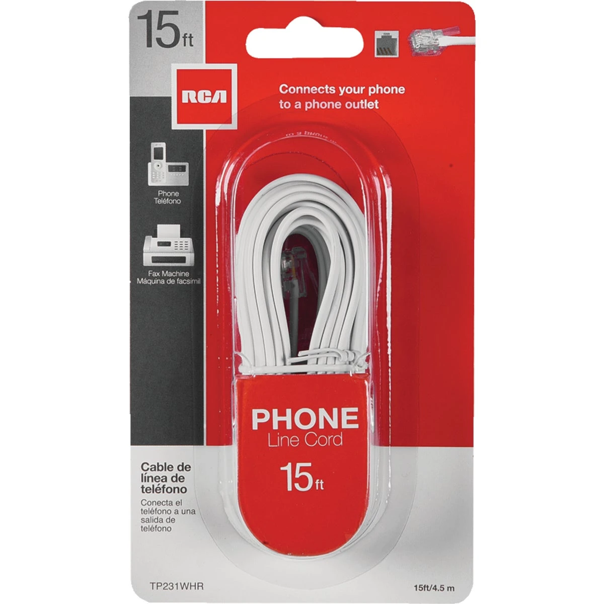 White Phone Line Cord 15 Feet Length