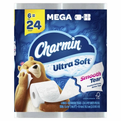 Ultra Soft Toilet Paper 6 Mega Rolls 244 Sheets 2-ply White