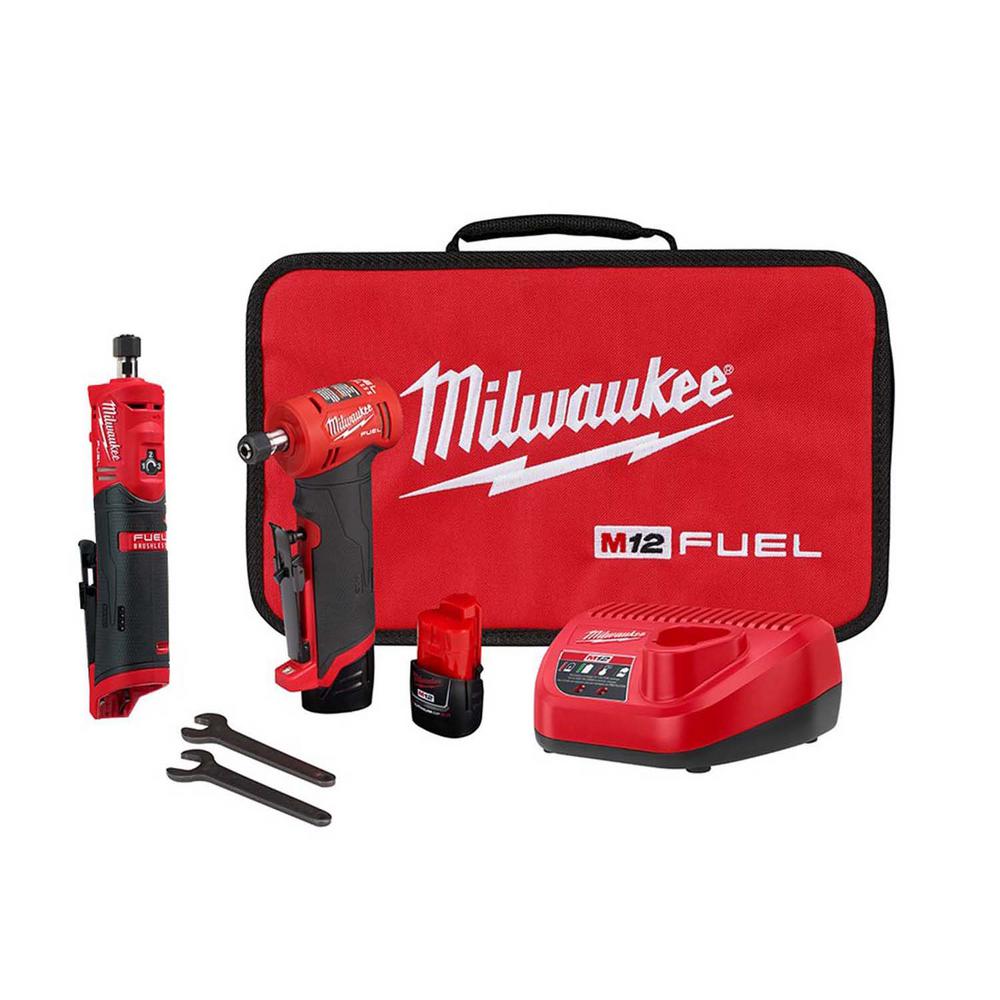 M12 FUEL 12-Volt Lithium-Ion Brushless Cordless 1/4 in. Right Angle & Straight Die Grinder Kit with (2) 2.0Ah Batteries