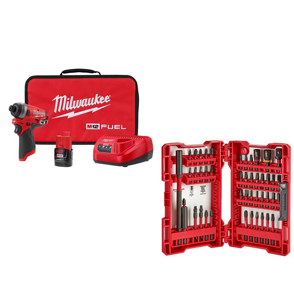 M12 FUEL 12-Volt Lithium-Ion Brushless Cordless 1/4 in. Hex Impact Driver Kit with SHOCKWAVE Driver Bit Set (45-Piece)