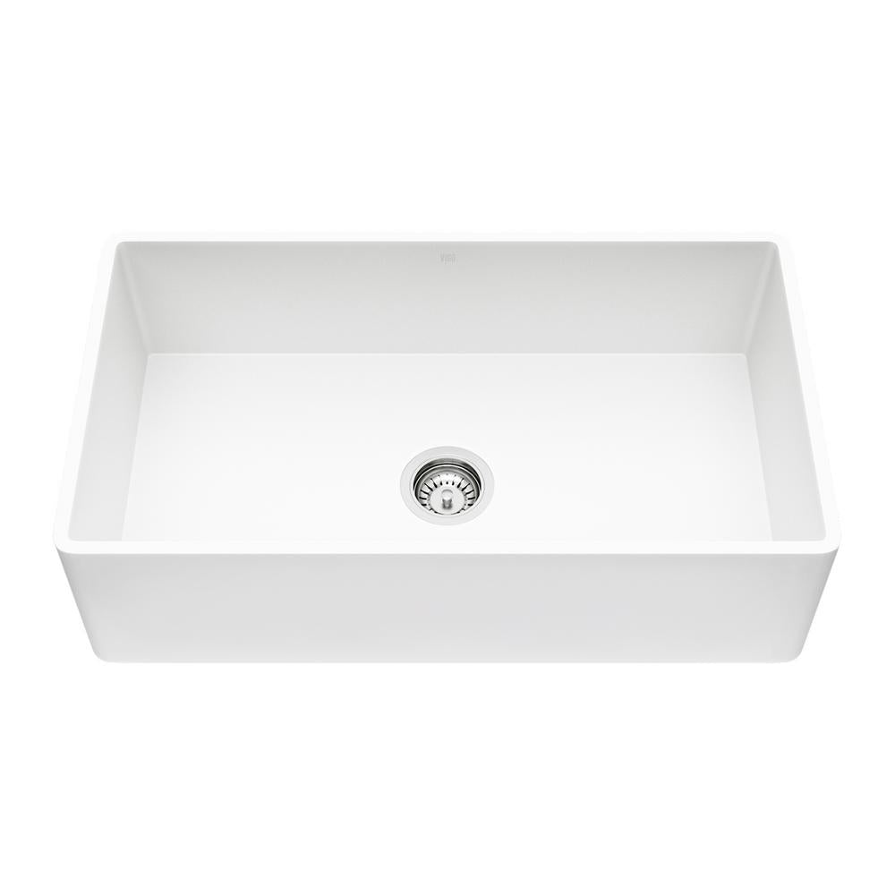 Matte Stone White Composite 33 in. Single Bowl Reversible Flat Farmhouse Apron-Front Kitchen Sink with Strainer
