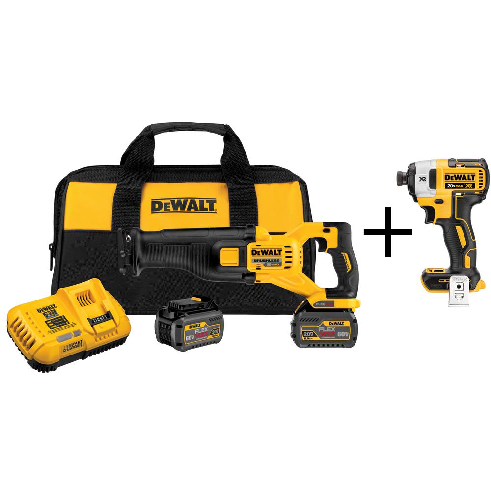 FLEXVOLT 60-Volt MAX Lithium-Ion Cordless Brushless Reciprocating Saw with (2) Batteries 2Ah and Bonus Impact Driver
