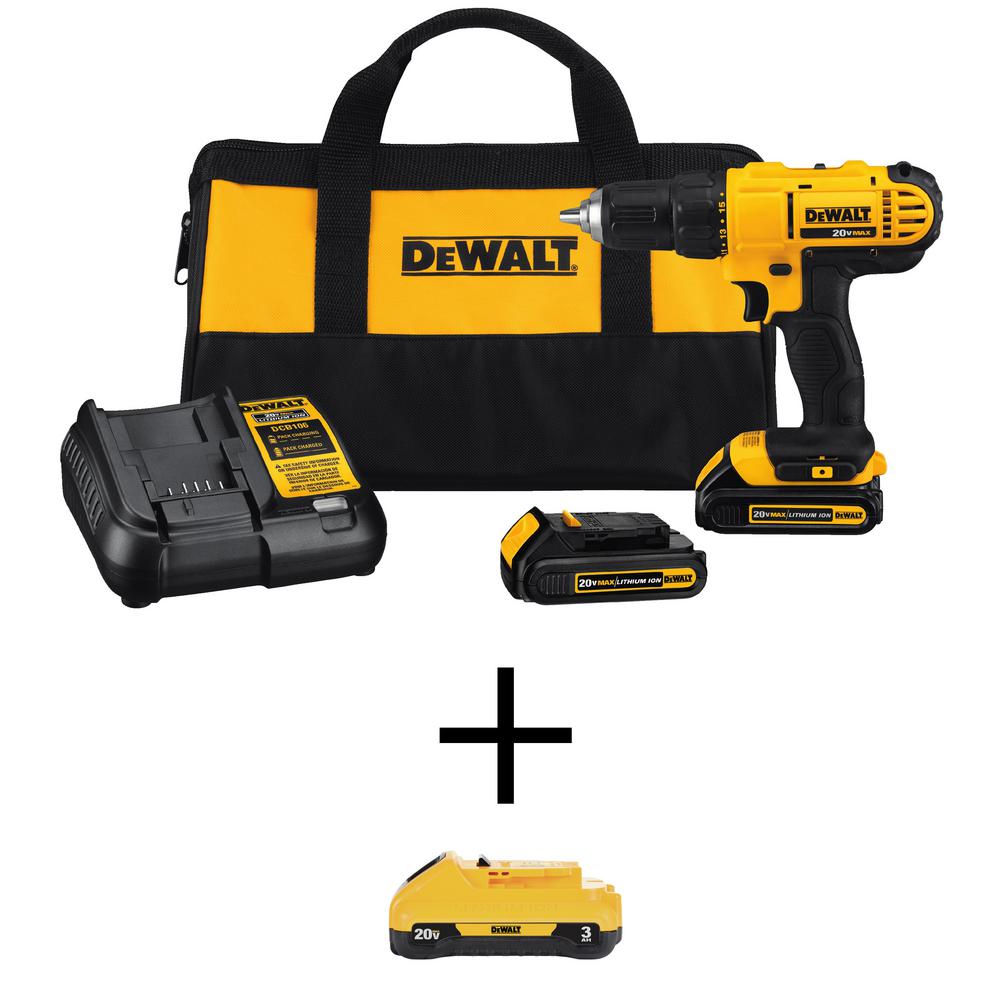 20-Volt MAX Li-Ion Cordless 1/2 in. Drill/Driver Kit with Two 20-Volt Batteries 1.3Ah, 3.0Ah Battery, Charger & Tool Bag