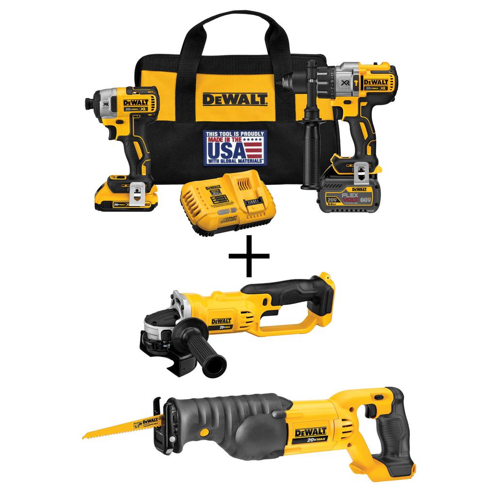 20-Volt MAX Lithium-Ion Cordless Brushless Combo Kit (2-Tool) w/FLEXVOLT and 20V Batteries, Bonus Grinder and Recip Saw