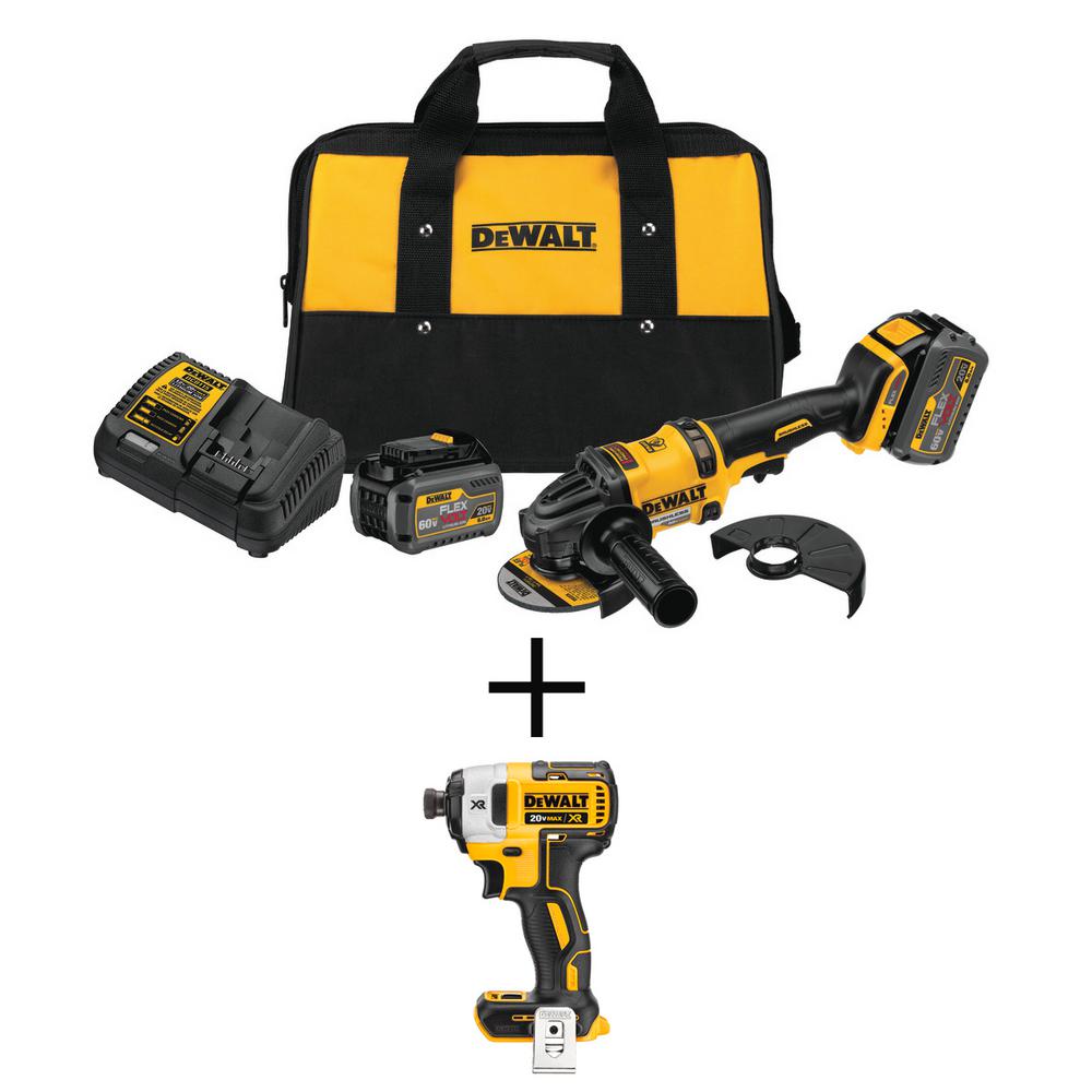 FLEXVOLT 4-1/2 in. 60-Volt MAX Lithium Ion Cordless Brushless Angle Grinder w/Bonus 1/4 in. Impact Driver(Tool-Only)