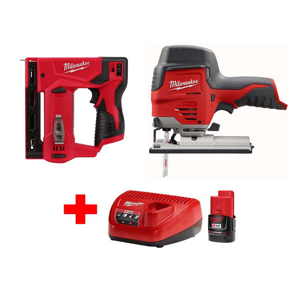 M12 12-Volt Lithium-Ion Cordless Jig Saw and 3/8 in. Crown Stapler Combo Kit W/ (1) 2.0Ah Battery and Charger