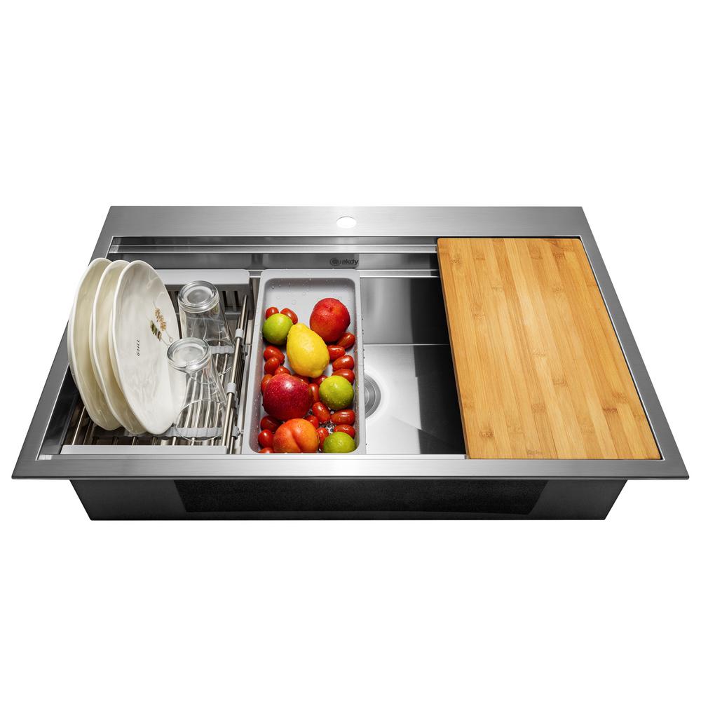 Handcrafted All-in-One Drop-In 33 in. x 22 in. x 9 in. Single Bowl Kitchen Sink in Stainless Steel with Accessories
