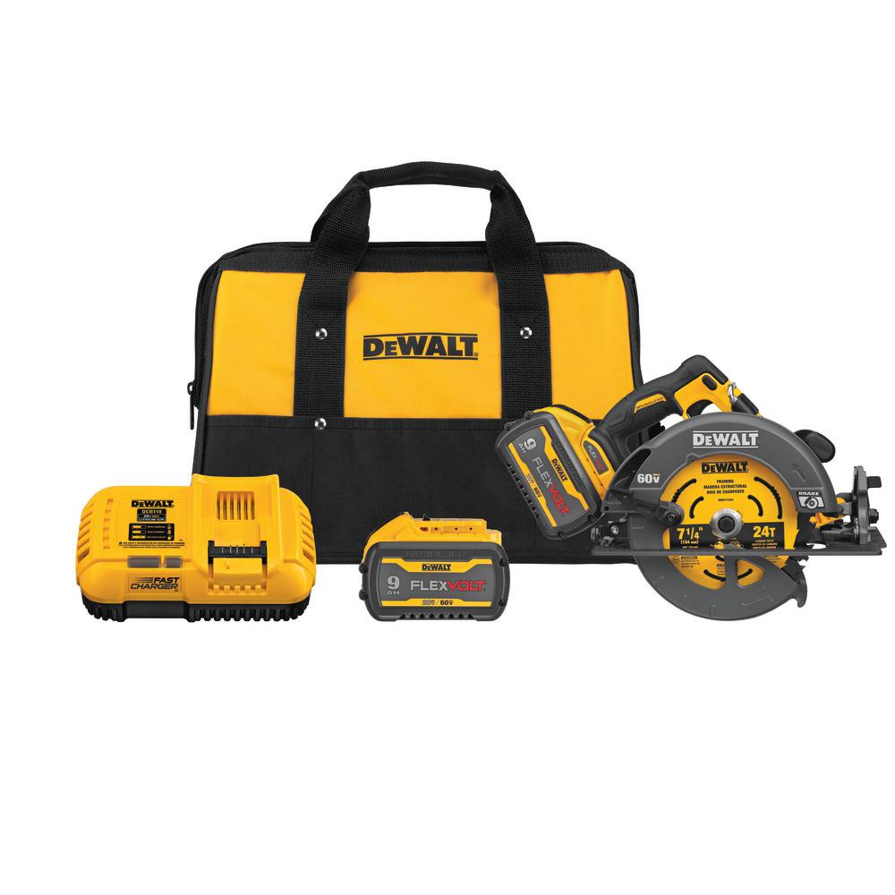 FLEXVOLT 60-Volt MAX Lithium-Ion 7-1/4 in. Cordless Brushless Circular Saw Kit with 2 Batteries 9 Ah, Charger and Bag
