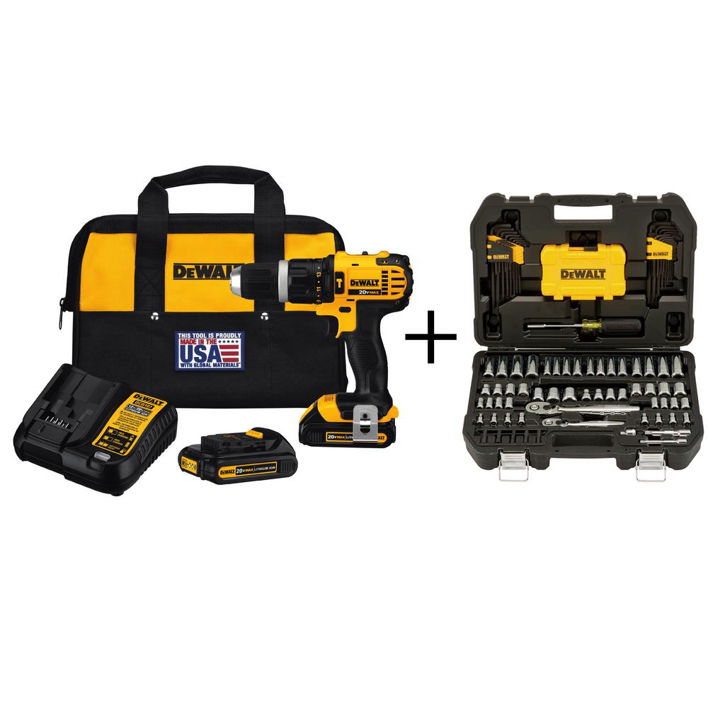 20-Volt MAX Lithium-Ion 1/2 in. Cordless Hammer Drill with Bonus 108-Piece Mechanics Tool Set